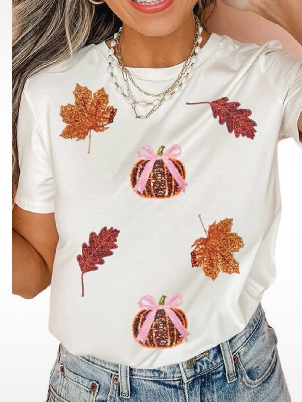 Women's White Pumpkin & Leaf Sequin Short Sleeve Tee size Small BNWOT